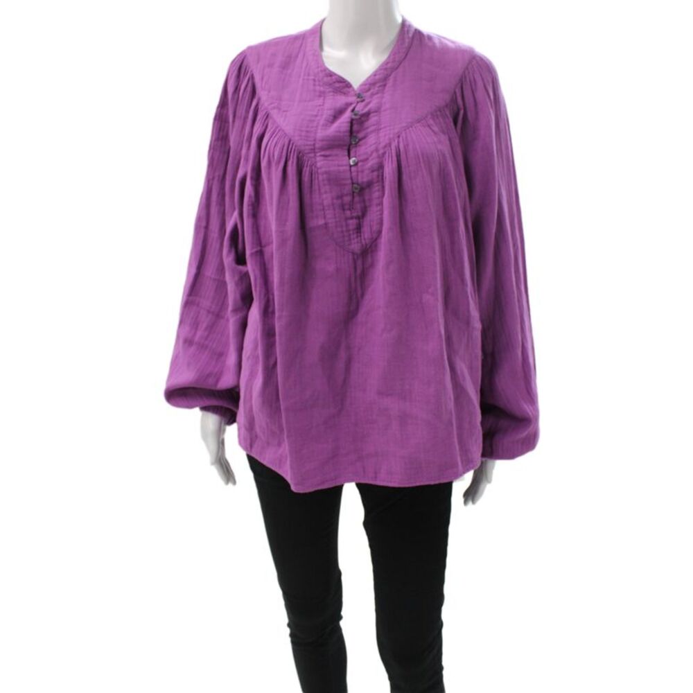 Xirena Women Purple Bohemian Tunic Blouse Long Sleeve Henley Cotton Size L